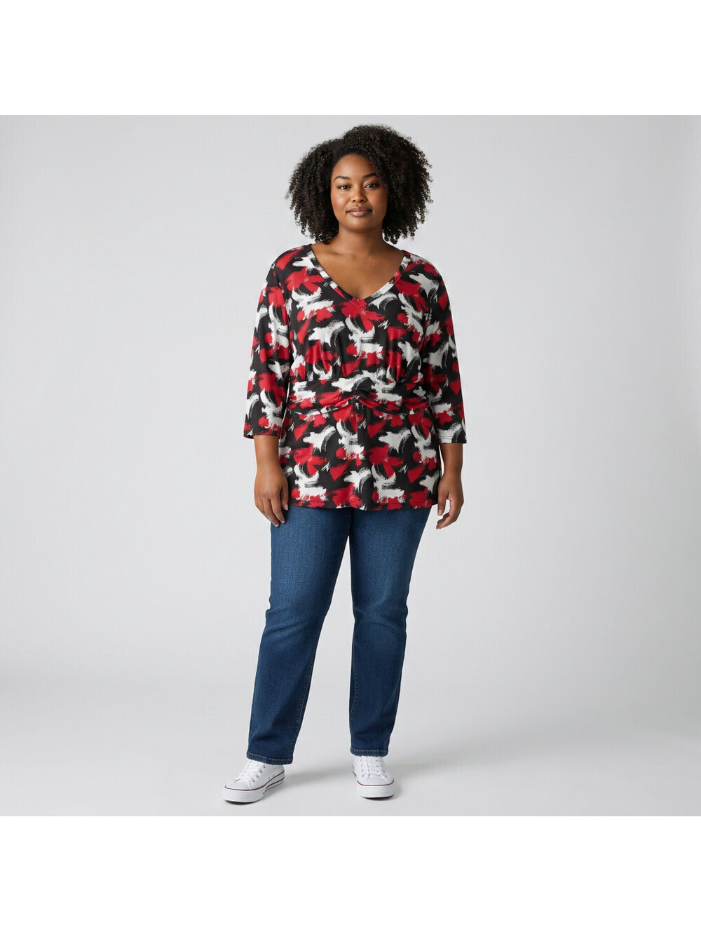 AGB Top Women 2X Plus Black Geometric V-Neck 3/4 Sleeve Pullover Casual Stretch